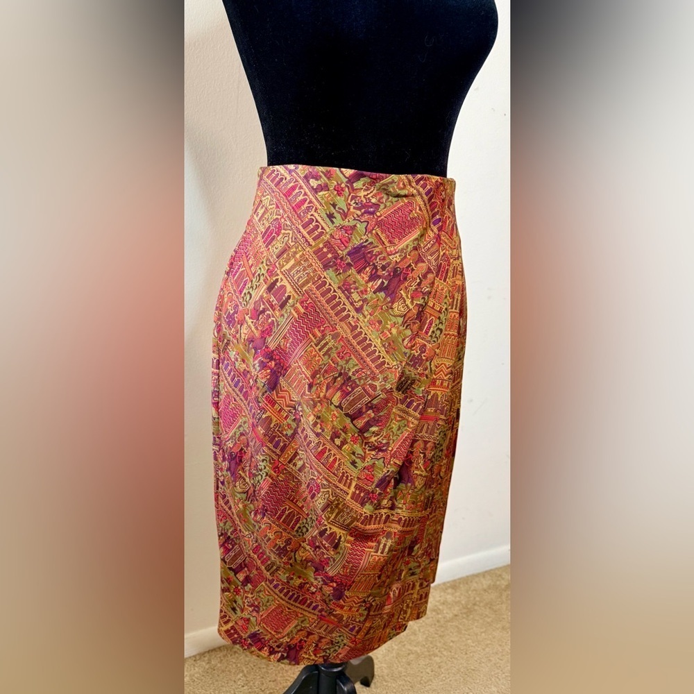 Vintage Linda Allard Ellen Tracy Silk Faux Wrap Skirt Persian Durbar Print 4 EUC - Picture 3 of 14